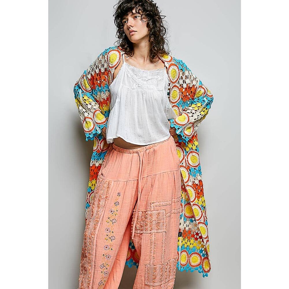 "Maisey" Crochet Open-Knit Cardigan Kimono Orange - Picture 2 of 10